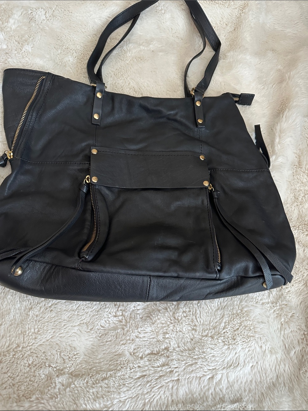 Kooba Black Leather Shoulder Tote with Gold Accents